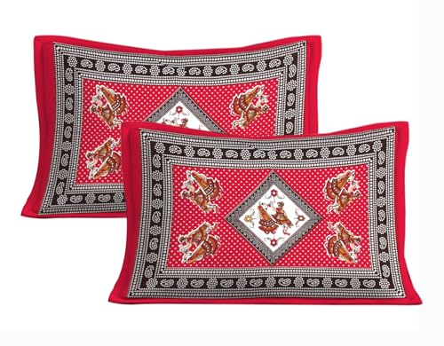 Image of JAIPUR PRINTS 100% Cotton Bedsheet for Double Size Bed bedsheets Rajasthani Jaipuri Printed Double Size Bedsheet with 2 Pillow Cover / 90x100 inch / 235x215 cm / (Red)