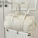 Cotton Quilted Duffle Bag Floral Print Gym Bag Travel Bag for Women Work (White) - Image 9