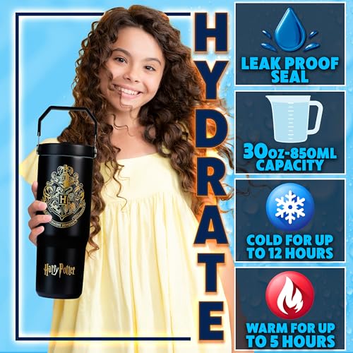 Image of Get Trend Harry Potter Tumbler with Straw 30oz Kids Teens Insulated Cup with Lid Handle Travel Mug Cups with Lids for School Sports Gifts for Kids (Black Harry Potter)