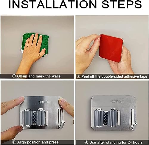 Image of Enclave Stainless Steel Mop and Broom Holder Wall Mounted Adhesive Storage Solutions for Broom mop etc, Garage Storage Systems Broom Organizer. (1 RACK 1 HOOK /SILVER, PACK OF 1)