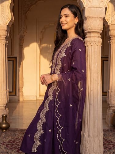 Image of INDO ERA Women's Silk Blend Embroidered Thread Work Kurta & Pant with Dupatta Set | Suit Set For Women