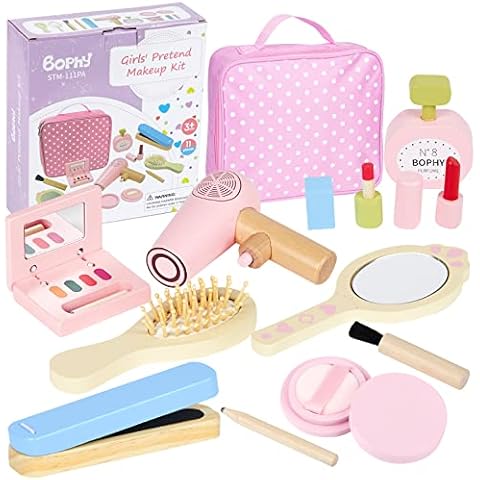 Wooden Makeup Kit Toy, Toddler Pretend Beauty Salon Set, 12PCS Makeup Playset with Hair Dryer, Mirror, Perfume and Storage Bag Cover