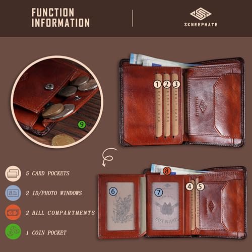 Mens Wallet With Coin Pocket,Wolf Bifold Wallets For Men Leather RFID Blocking,Gift for Him (brown)3