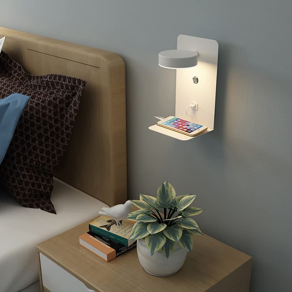 Wewnętrzny kinkiet nocny LED USB, 2 szt. Kinkiet nocny z przełącznikiem Trójkolorowa regulacja, kinkiet z portem USB i półką, regulowana nocna lampka do czytania do sypialni salonu