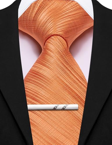 Image of Barry.Wang Orange Silk Men Ties Formal Stripes Necktie and Tie Clip for Wedding Party Business Fashion Classic