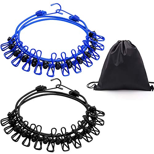 2 Pack Portable Travel Elastic Clothesline, Adjustable Windproof Clothesline W/ 12PCS Clothespins & Storage Bag, Retractable Laundry Windproof Clothes Line For Outdoor,Indoor, Vacation Hotel, Balcony