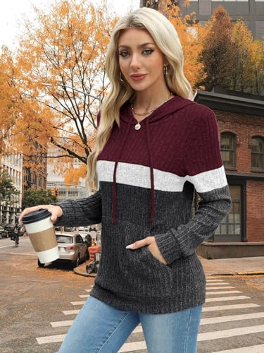 MixShe Women’s Color Block Knit Hoodie – Casual Long Sleeve Pullover Sweater Tops with Pocket