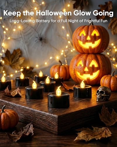 Image of Homemory Black Tea Lights Candles Battery Operated, Flickering Flameless LED Votive Candles, Warm White Tealights for Halloween, Gothic Decor, Black Gold Dinner, Outdoor Halloween, Witch, 24-Pack