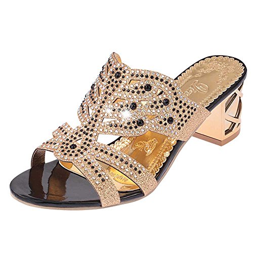 babyhome Homebaby Pantoufles Femmes Talons-Sandales Femmes Été Femmes Chaussures à Talons Bohême Style Sandales Pantoufles avec Strass Antidérapant Pantoufles à Talons Hauts (EU37, Noir)