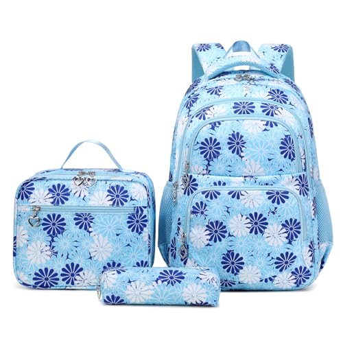ZHIERNA Daisy Backpack for Girls Toddler Tie Dye Bookbag with Lunch Bag Preschool Simple Modern Backpack School 3pcs Set, Lightweight Elementary Book bag Girl（Blue）