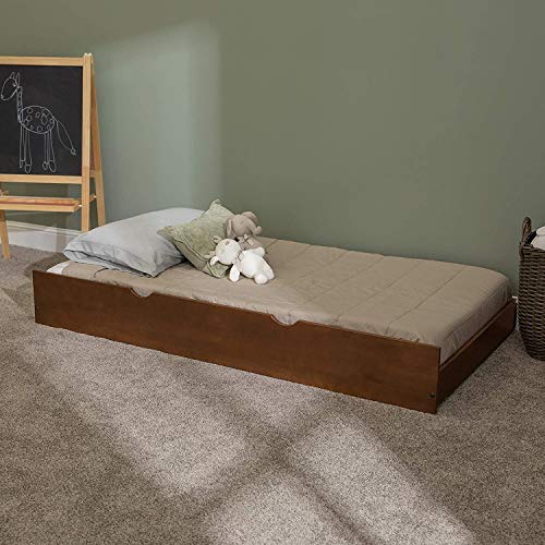 WE Furniture Solid Wood Twin Trundle Kids Bed Frame With Wheels, Single, Walnut