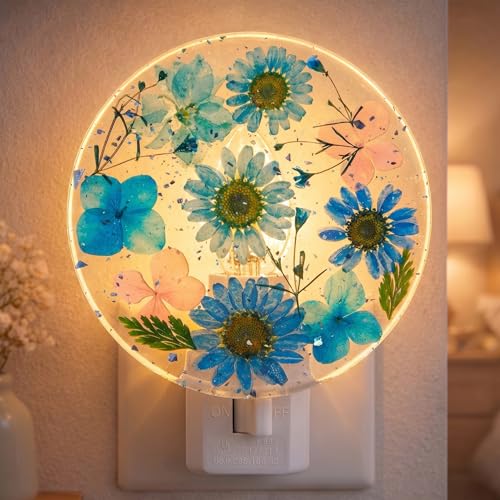 Image of Glooglitter Pressed Flower Night Light Plug in-Handmade Dried Floral Wall Night Light, Soft Glow Decorative Nightlight for Hallway Bedroom Nursery Bathroom, Vintage Botanical(Blue,Flower)