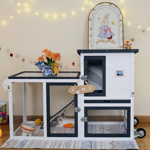 Image of Rabbit Hutch Indoor Outdoor Bunny Cage Small Chicken Coop Asphalt Roof