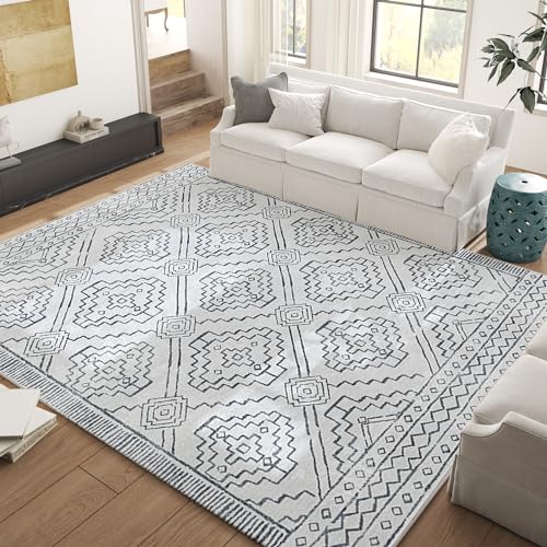 jinchan Moroccan Boho 8x10 Area Rugs for Living Room - Machine Washable Soft Throw Rug Bohemian Ripple Design Non-Slip Carpet for Bedroom Dining Room Home Office (8‘x10', Blue) 8' x 10' (Rec