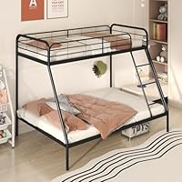 Multigot Metal Bunk Bed, Single Over Double Triple Sleeper Beds with Ladder, Safety Guardrail and Under-Bed Storage, Space-Saving Slatted Loft Bed Frame for Teens Adults, No Box Spring Needed (Black)
