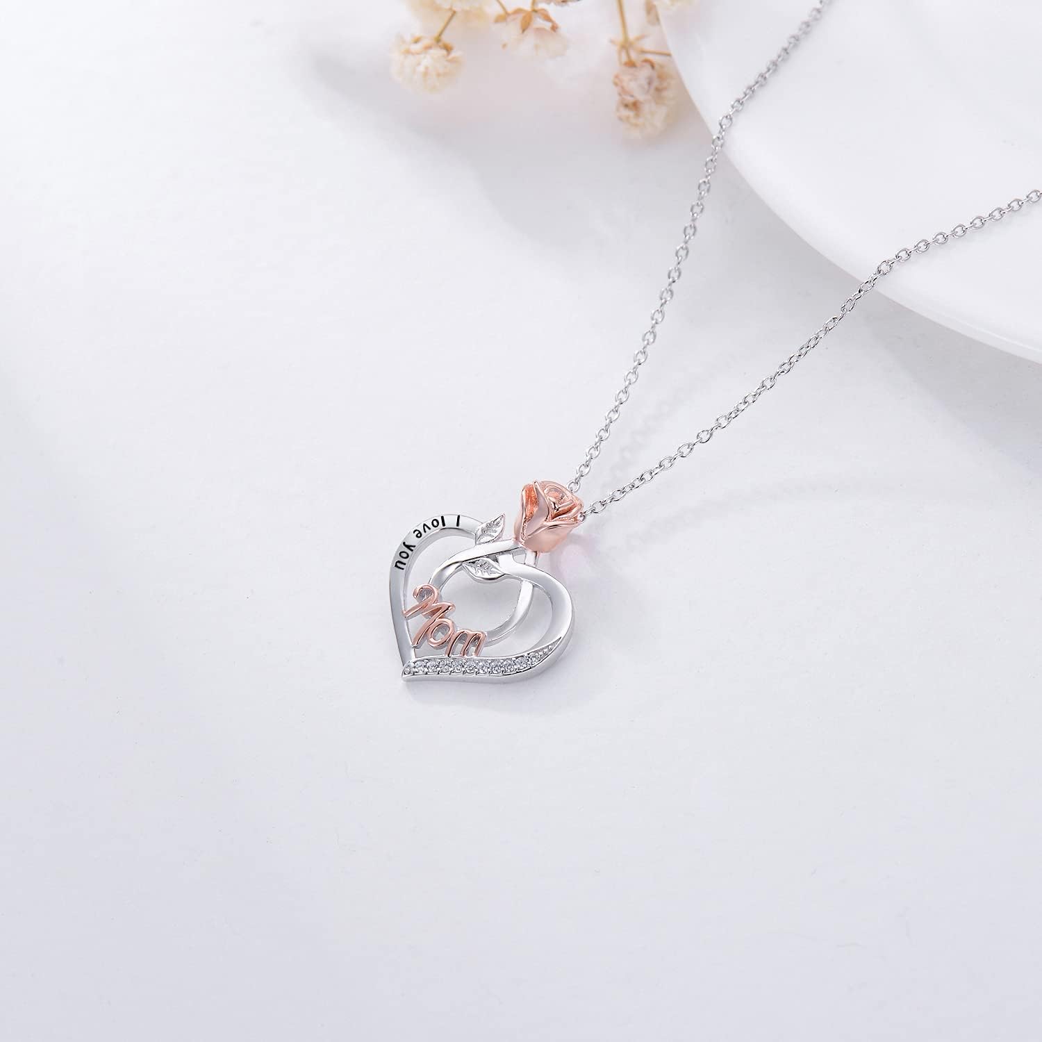 POPKIMI Gifts for Mom Grandma Nana 925 Sterling Silver I Love You Necklace Rose Flower Love Heart with Crystal Jewelry for Women - Image 5