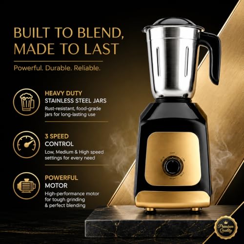 Image of Electrofox PowerMax Mixer Grinder 750 watt with 3 Stainless Steel Jars | Heavy Duty Motor | Mixer Grinder for Kitchen with 3 Speed Control & Pulse Function 4 Years Warranty (Black & Golden)