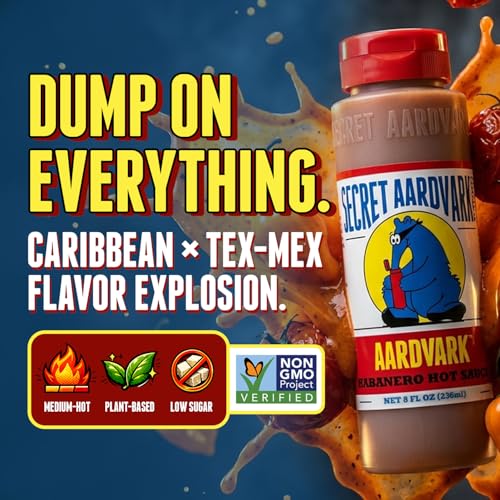 Image of Secret Aardvark Habanero Hot Sauce, Non-GMO, Low Carb, Low Sugar, 8 fl oz | Medium Spiced BBQ Marinade, Roasted Tomatoes, Vegan, Dairy-Free, No HFCS