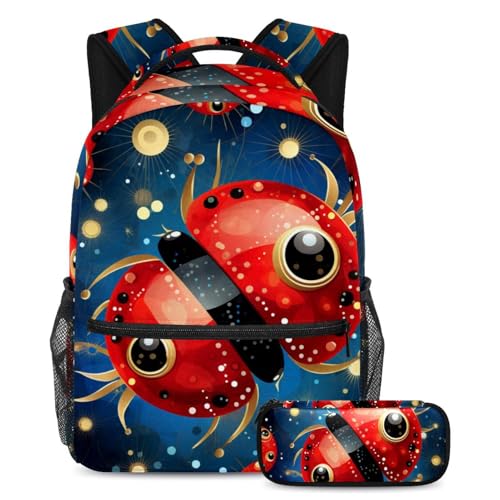 Sac à dos insecte floral rouge avec trousse pour collégiens et lycéens, grand format