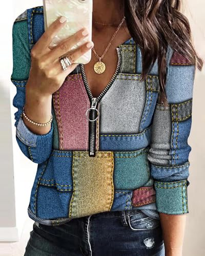 Women Striped Print Half Zipper Waffle Knit Tunic Crewneck Long Sleeve Pullover Shirt Loose Casual Blouse Top Work Streewear