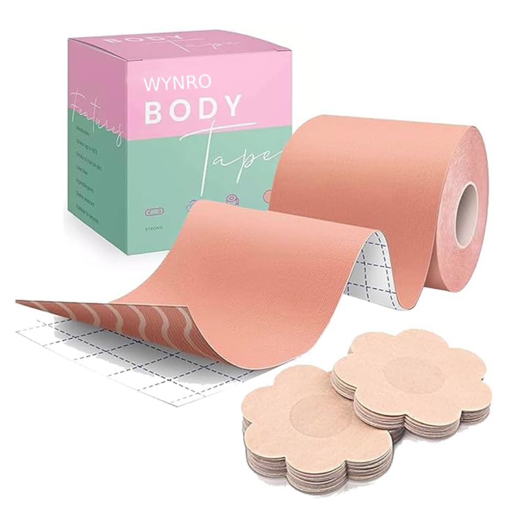 Breast Shaper & Lifter Boob Tape with 10 Nipple Pasties for Women Push Up & Lifting Breast Tape Breast Lift Bra Tape for Breast Lift Double Sided Sticky Body Tape Brown