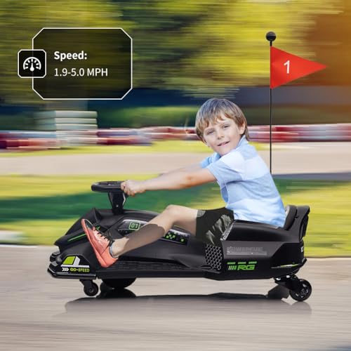 Image of 12V Kids Ride on Drift Car for Kids, 7ah 45W Motor Electric Drifting Go-Kart Up to 5 mph Variable Speed, Built-in Music,Colorful Tail LED Light,USB,Low-Power Alarm, Max Load 110lbs, Black