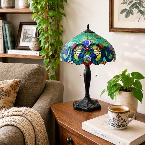 Image of Stained Glass Table Lamp, Blue Green Peacock Pattern Glass Shade with Antique Bronze Base, Decorative Bedside & Living Room Lamp (Free Bulb) (Design - 2)
