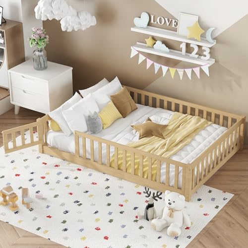 Bellemave Full Size Floor Bed with Slats and Fence for Kids, Mont...