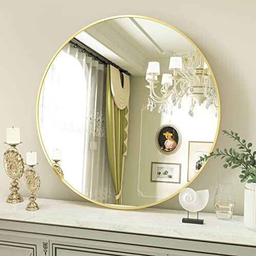 Image of VooBang Round Mirror 19.6 inch Gold Wall Mounted Circle Mirrors Vanity Mirror with Aluminum Alloy Frame Modern Decoration for Bathroom, Living Room, Vanity, Bedroom, Entryway