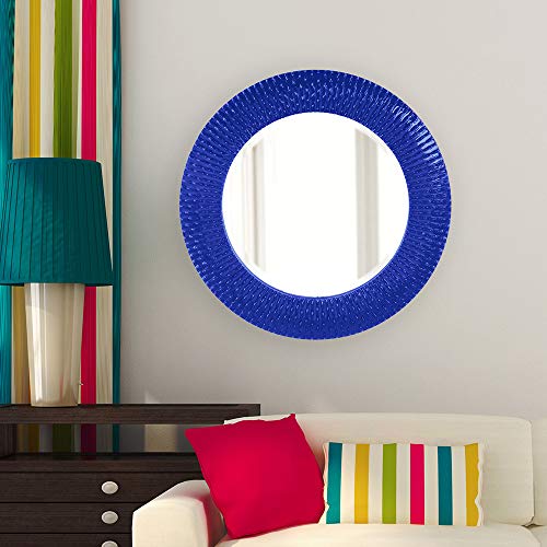 Image of Howard Elliott Collection Bergman Round Wall Mirror, Textured Ribbed Frame, Decorative Accent Mirror for Entryway, Bathroom or Bedroom, Ready to Hang, 32H x 32W x 1D, Royal Blue