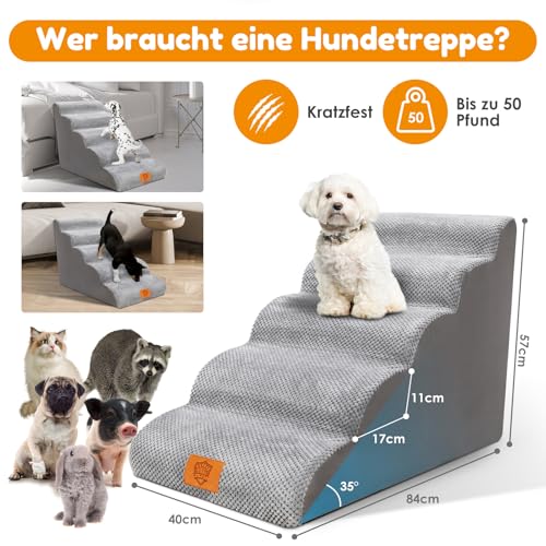 Zvonema Hundetreppe, Hundetreppe für Kleine Hunde, rutschfest Hunde Treppe 5 Stufen, Haustiertreppe mit hochdichtem Schaumstoff, waschbarer Hunderampe, Katzentreppe reduziert Stress auf Tiergelenke