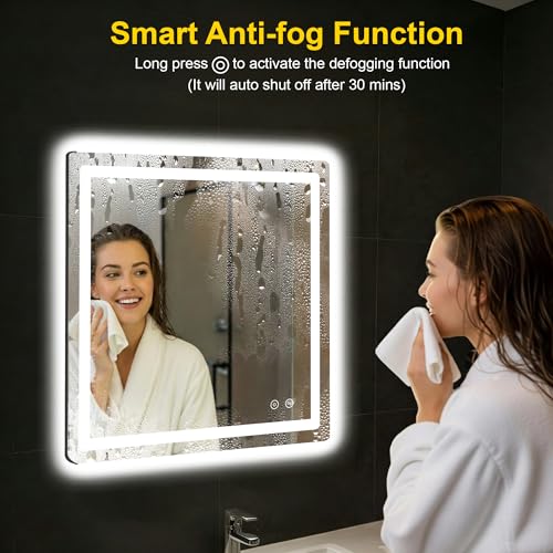 Image of LED Bathroom Mirror with Lights, 30 inchx30 inch Lighted Vanity Mirror for Wall | Anti-Fog, Dimmable 3 Color Light, Backlit+Frontlit, Shatterproof Tempered Glass, Memory Function