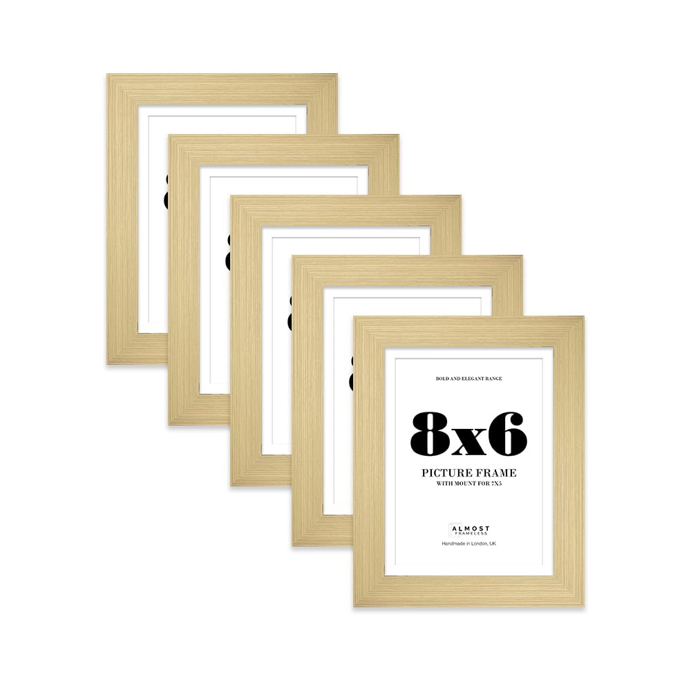 8x6" Gold Frame With Mount for 7x5" Pictures 28mm Edge Portrait and Landscape Display with Wall Hooks and Kickstand, 5 Pack