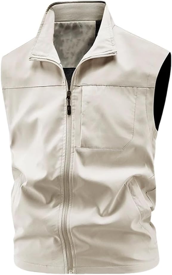Men's Solid Color Casual Lapel Zipper Stitching Simple Classic Outdoor Vest