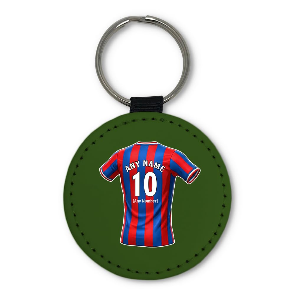 UNIGIFT Personalised Gift - South London Football Fan Green Round Keyring (Red and Blue Stripes Jersey Design) Custom Name Keychain - Croydon SE25 Club