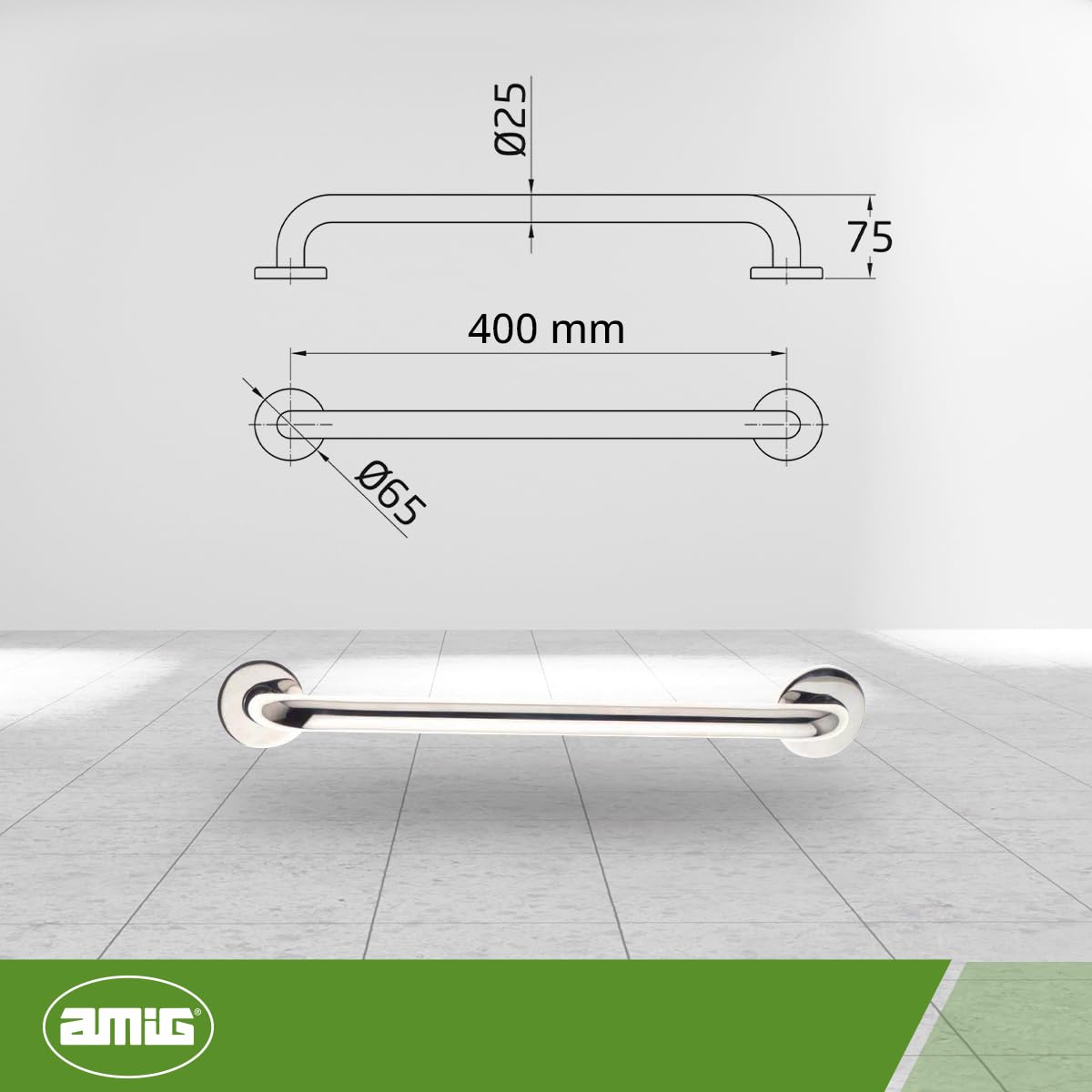 Amig - Door Handle with Rosette - Made of Stainless Steel - Dimensions: 400 mm - Gloss, Glossy - Image 2