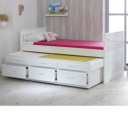 Happy Beds Captains Wooden White Pine Guest Bed Drawers Furniture Frame 3' Single 90 x 190 cm