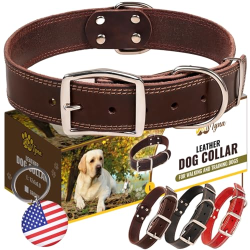 ADITYNA Heavy Duty Leather Dog Collar for Large Dogs - Soft and Strong Leather Collar for Walking, Training, Hunting, and Running (Large: Fit 17' - 23' Neck, Brown)