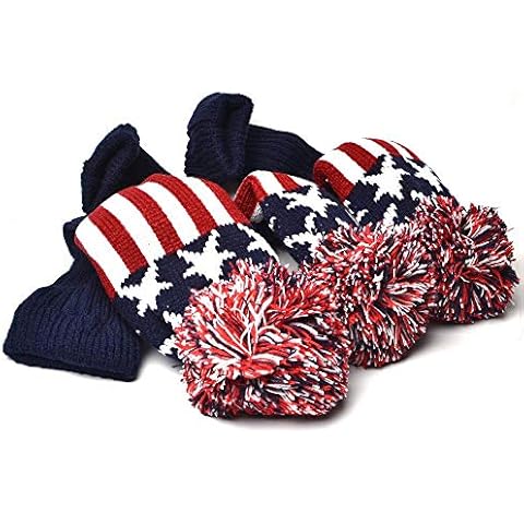 GOOACTION 3PCS Knitted Golf Head Covers 1-3-5 for Driver and Fairway Woods with Long Neck Design Vintage Red Stars and Stripes American Flag Sock Pom Pom Golf Club Patriotic Headcovers Set Cover