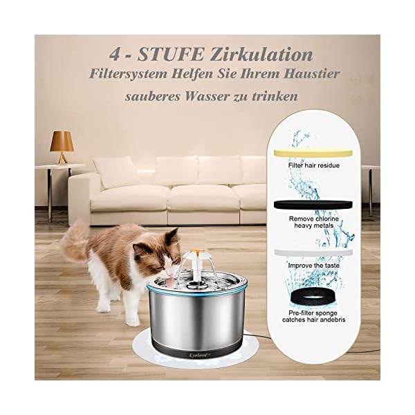 Katzenbrunnen,Trinkbrunnen für Katze und Hunde Edelstahl 2.5L Leise Katzen Automatischer Wasserbrunnen Hunde Haustier mit LED Nachtlicht und Aktivkohlefilter (2.5L Edelstahl Trinkbrunnen) – Bild 5