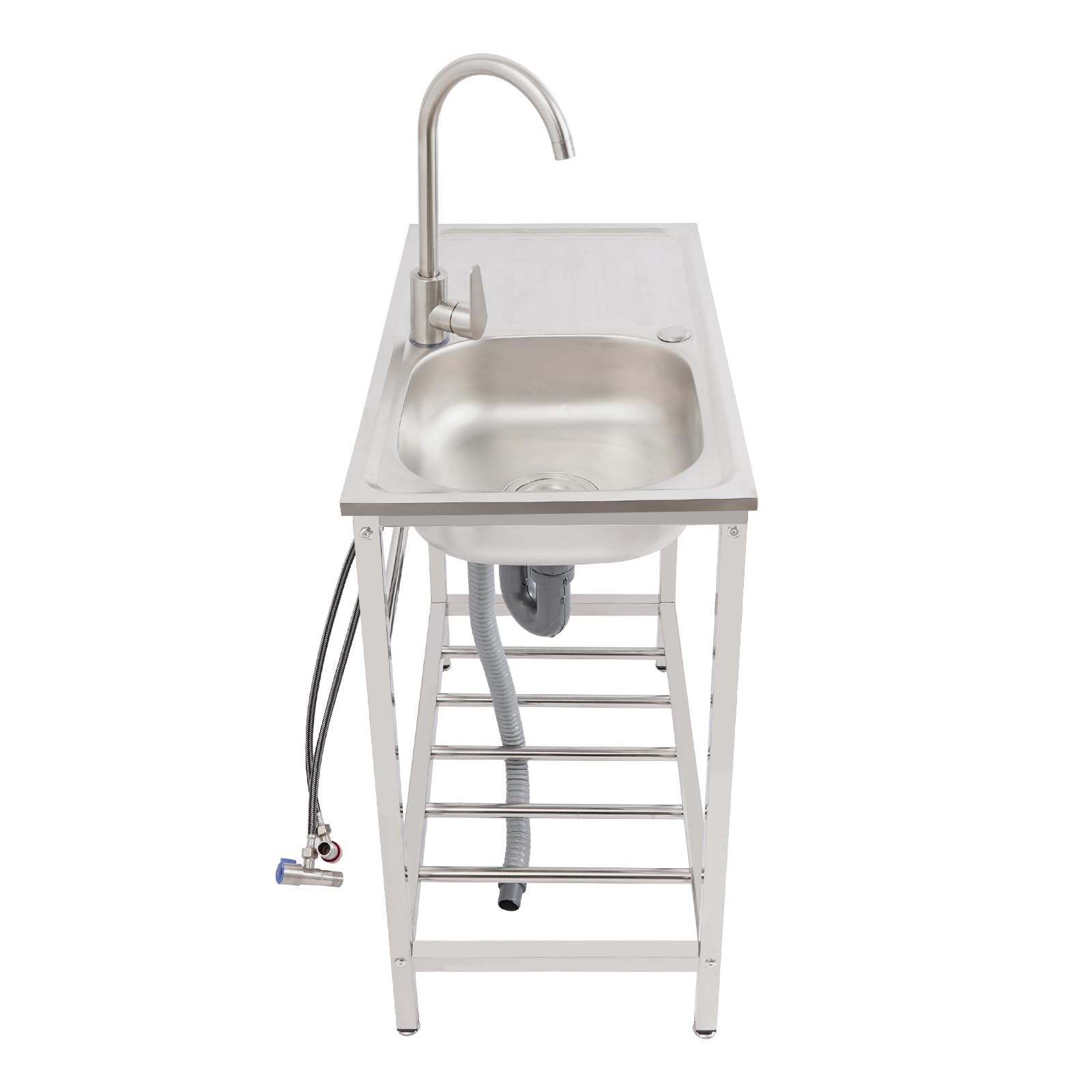Lavabo autoportant en acier inoxydable, établi, station de lavabo, évier de cuisine simple avec robinet 360°, tuyaux d'eau froide, tuyaux d'eau chaude 75 x 40 x 75 cm