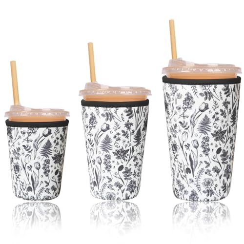 Image of Reusable Insulated Sleeve for Iced Coffee Cup, 3-Pack Coffee Neoprene Drink Sleeve for Cold & Hot Drinks, Beverage Holder for Iced Coffee (Black Fern Florals)