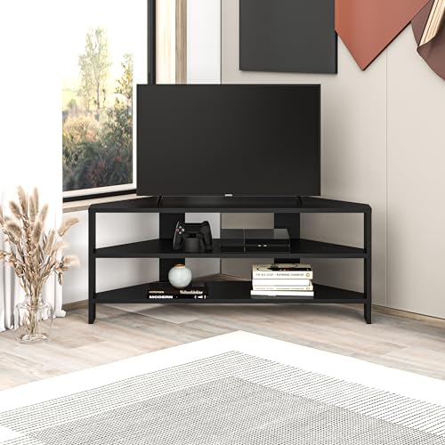 HOCUS PICUS Corner TV Unit with 2 Open Shelves, Rounded-edge Modern Design, TV Stand 32" TVs, Compact TV Media Console for Living Room & Office, Easy Assembly (Black) - Image 2