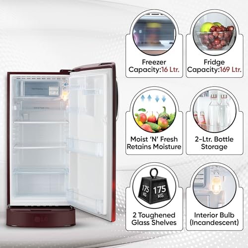 Image of LG 185 L 4 Star Direct-Cool Inverter Single Door Refrigerator (GL-D201ASCY, Scarlet Charm, Base stand with drawer | Fast Ice Making)