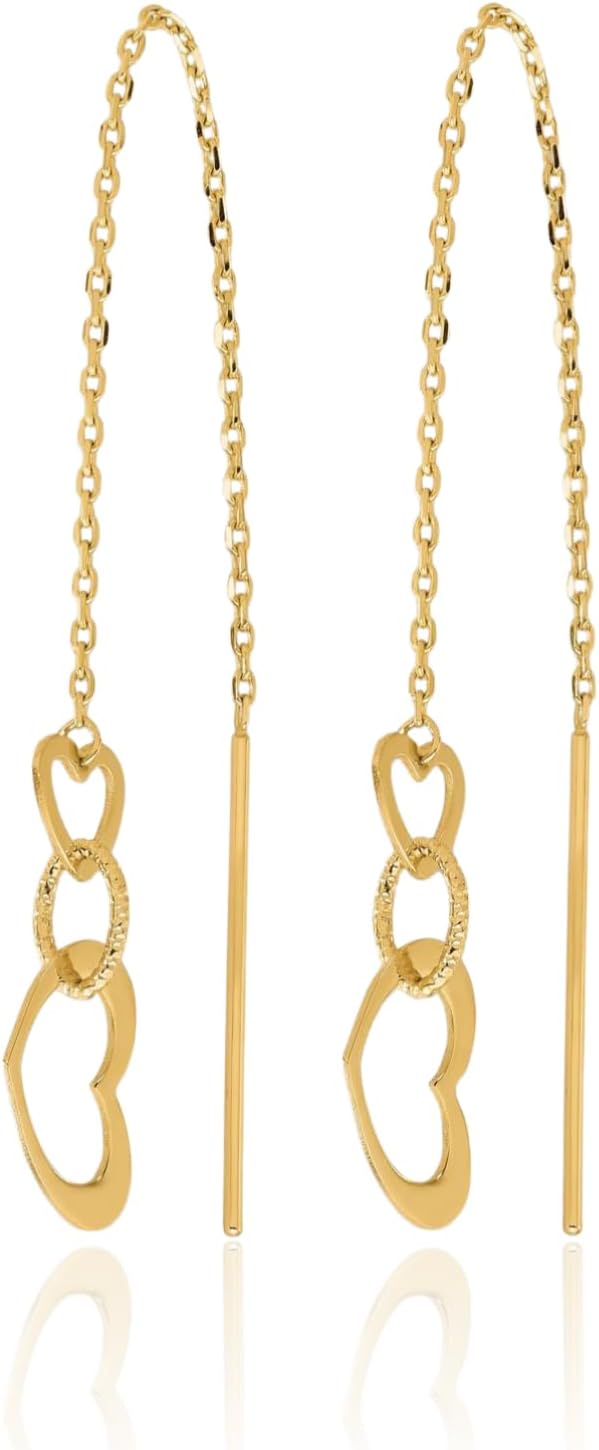 IceCarats 14K Solid Yellow Gold Long Heart Threader Dangle Earrings 44.7mm 1 3/4 inch Polished For Her