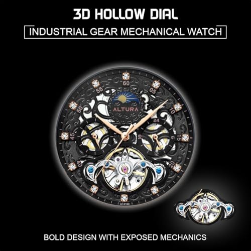Image of ALTURA Celestial Series Automatic Skeleton Analog Watch For Men|3D Hollow Dial,Diamond Embellishment,Day /Night Subdial,Flywheel,Transparent Back,Leather Strap|Gift For Men