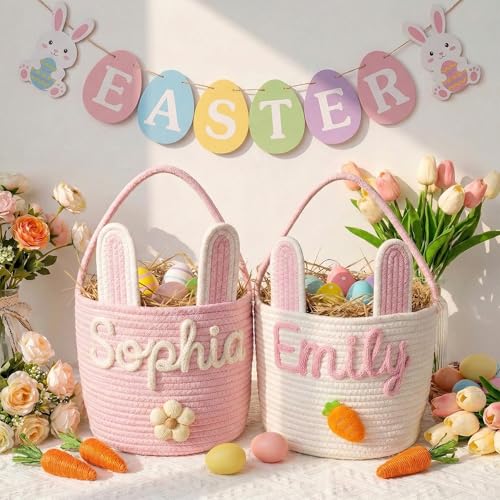 Personalized Embroidered Baby Easter Basket with Name Custom Bunny Baskets Egg Hunt for Kids Baby Easter Gift Egg Hunt Basket for Kids Boys Girls A2