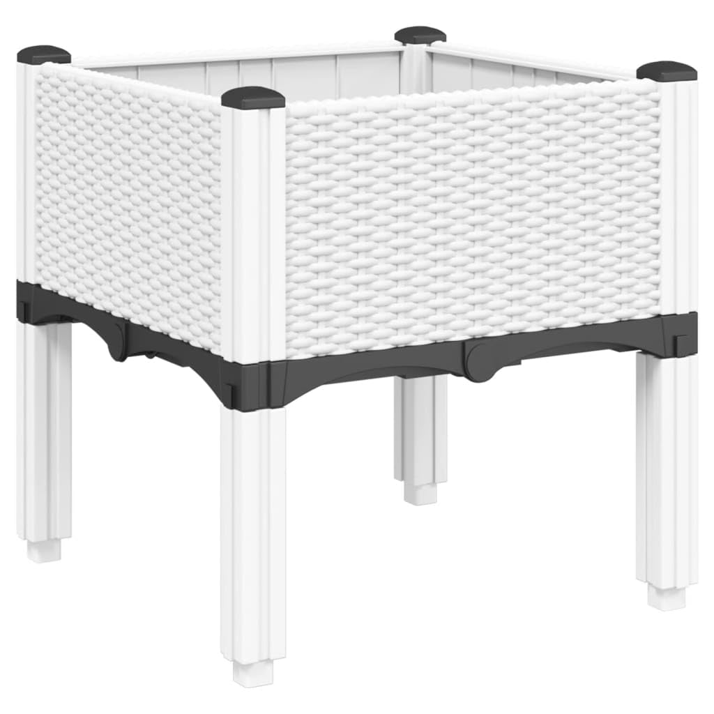 Fioriera con gambe bianche, 40 x 40 x 42 cm, aiuola rialzata in polipropilene effetto rattan, vaso quadrato per giardino, terrazza e balcone, ortaggi e fiori