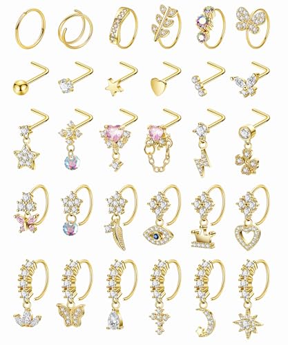 30PCS 20G Gold Dangle Nose Rings for Women L Shaped Nose Studs Dangling Nose Hoop Ring 316L Stainless Steel CZ Hypoallergenic Indian Nose Ring Eye Heart Nostril Piercing Jewelry
