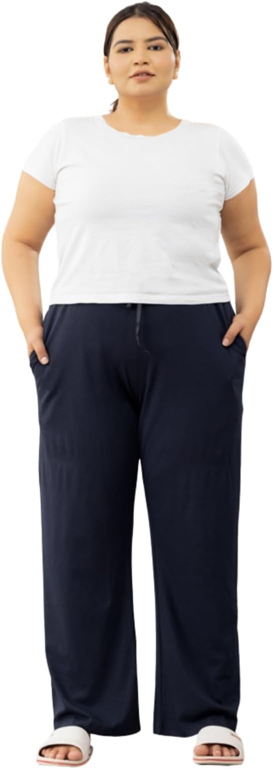 CUPID Woman's High Rise Cotton Straight Pant,Stretchy Parallel Leg Pyjama for Night wear
